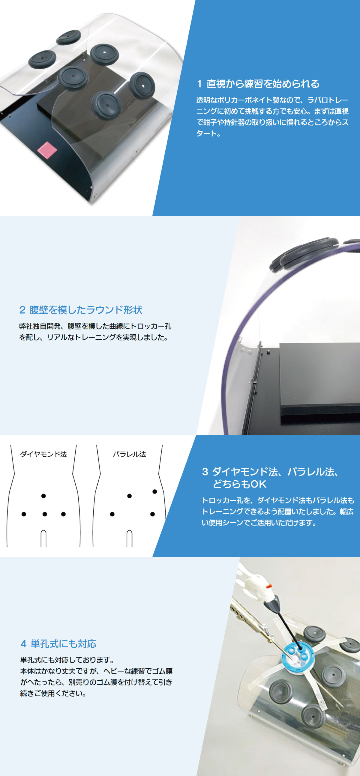 面倒な組み立て必要なし！届いたらすぐ使える。直視から練習を始められる。腹壁を模したラウンド形状。ダイヤモンド&パラレル、どちらもOK。単孔式にも対応。